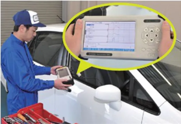 スキャンツールで車両を診断している整備士