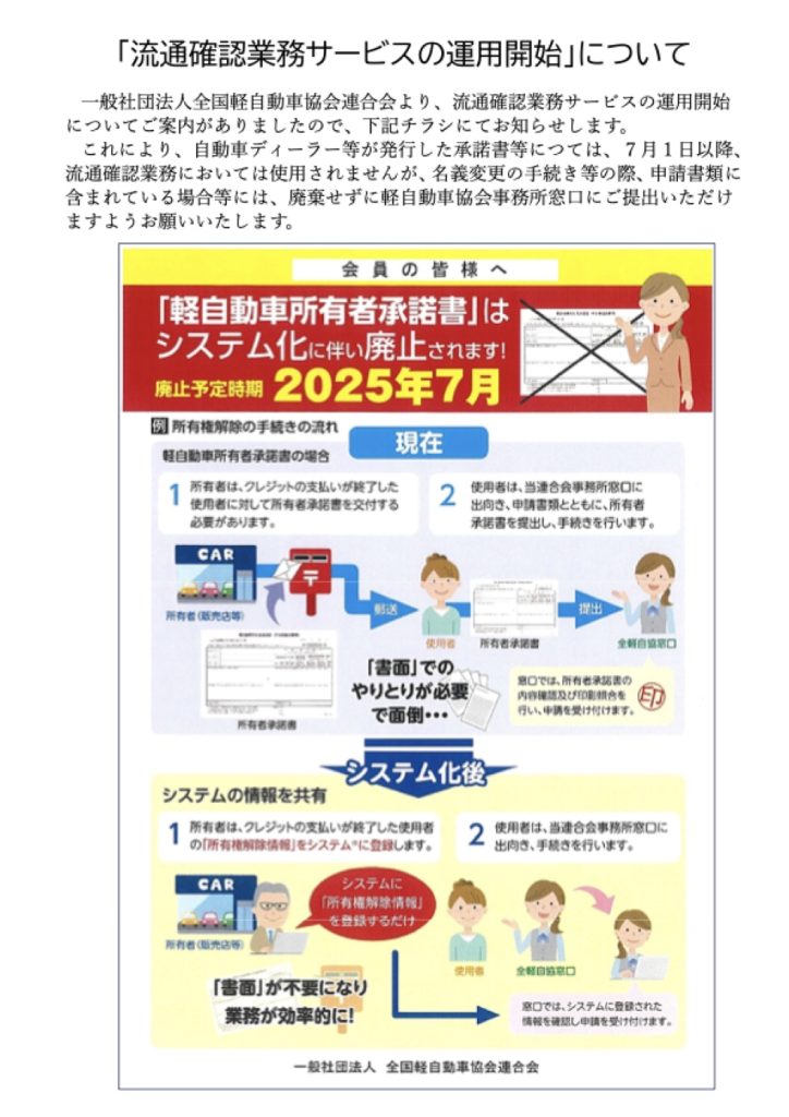 「流通確認業務サービスの運用開始（全軽自協）」の添付PDF